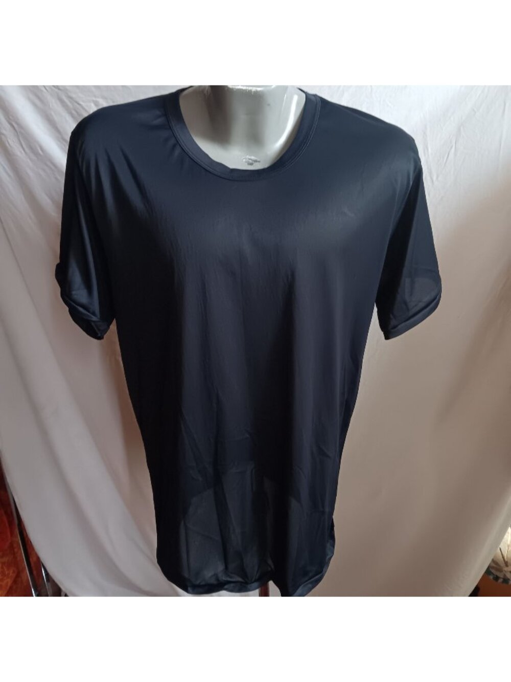 Vintage T-shirt Large Single Stitch Black Shiny Nylon Slinky Thin 1980's Goth